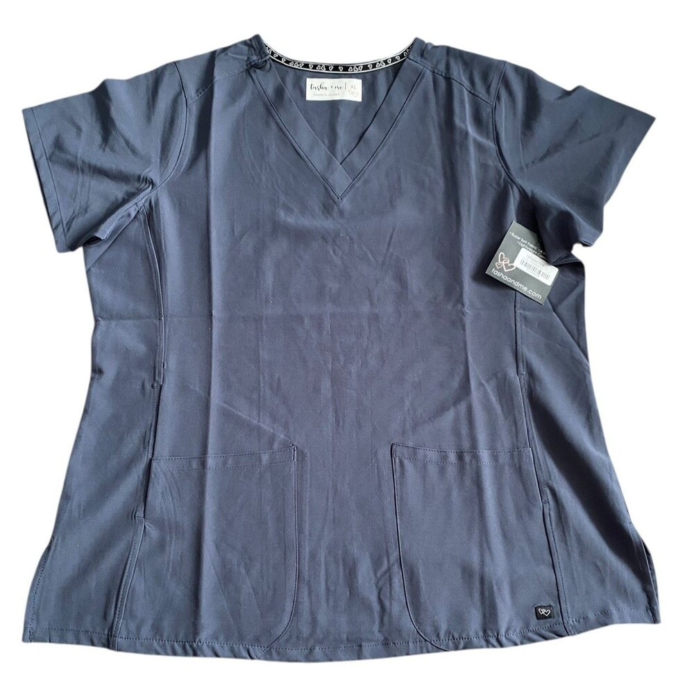Tasha & Me Scrub Top Womens XL Gray 2 Pocket Uniform Shirt Workwear New